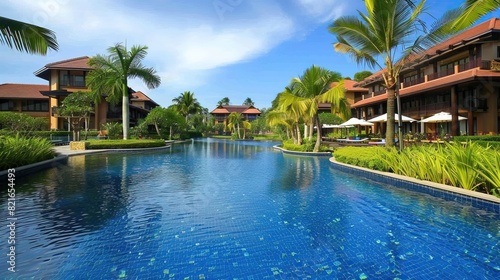 Luxurious tropical resort with pool and palm trees