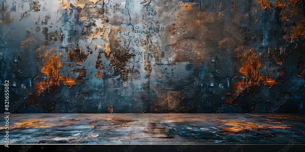 Naklejka premium Weathered Industrial Metal Table in Moody Loft Apartment Background with Copy Space for Product Display