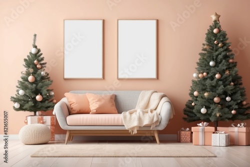 christmas living room interior with shelf  boucle armchair  pouf  blank poster frame  christmas tree