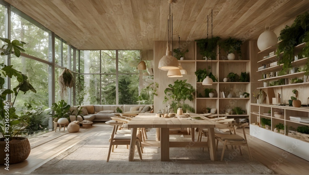 Showcase a sustainable and harmonious design environment, with natural materials, natural light and sustainability elements. biophilic design, natural materials, light colours scandinavian style lots 