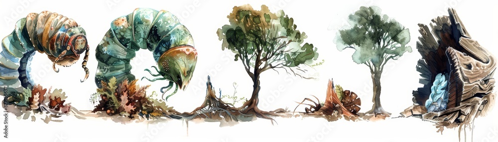 Fototapeta premium Set of water color of a plump grub, burrowing into decaying wood, in an ancient, mystical forest with towering trees, Clipart isolated on white