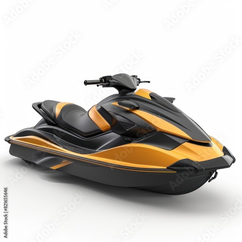 A yellow and black jet ski is parked on a white background photo