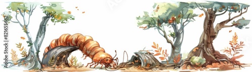 Set of water color of a plump grub, burrowing into decaying wood, in an ancient, mystical forest with towering trees, Clipart isolated on white photo