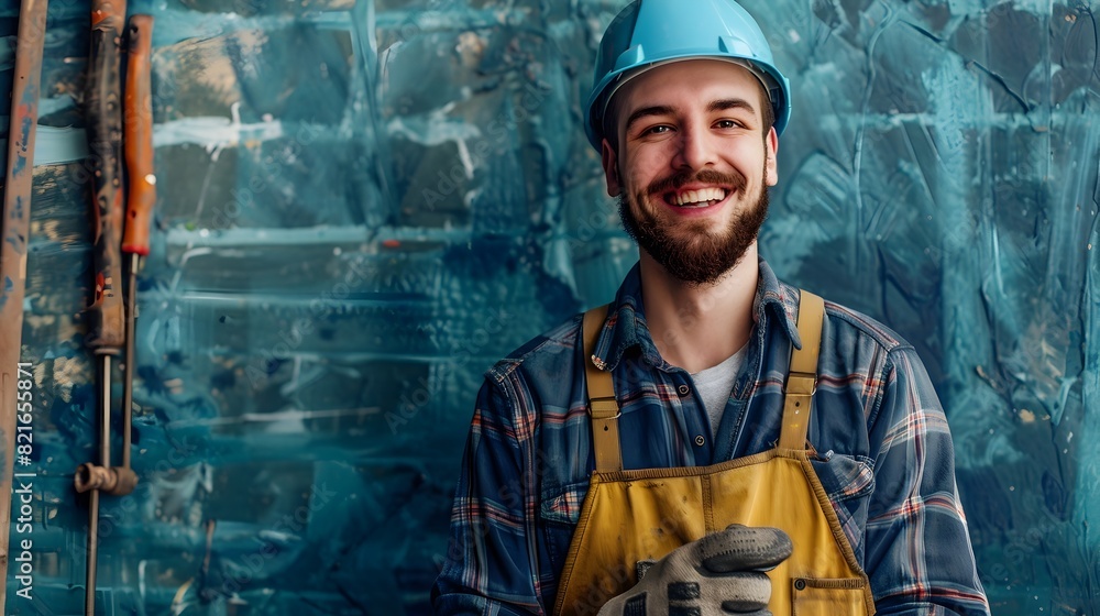 Confident Plumber in Work Gear Repairing Pipes on Colorful Background Confident Plumber in Work Gear Repairing Pipes on Colorful Background