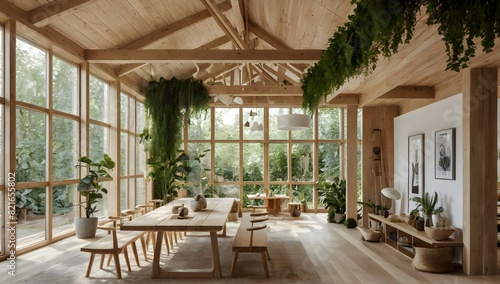 Showcase a sustainable and harmonious design environment  with natural materials  natural light and sustainability elements. biophilic design  natural materials  light colours scandinavian style lots 