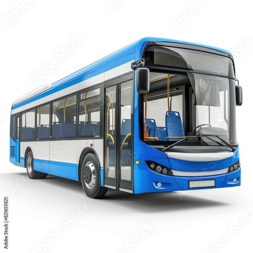 A blue and white bus is parked on a white background