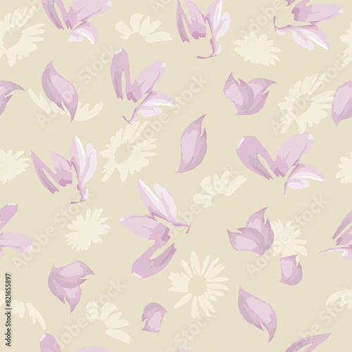 Hand-drawn seamless pattern with floral print. Abstract pink and beige meadow flowers. Vector pattern with watercolor effect for printing on fabric, gift wrapping, wallpapers.