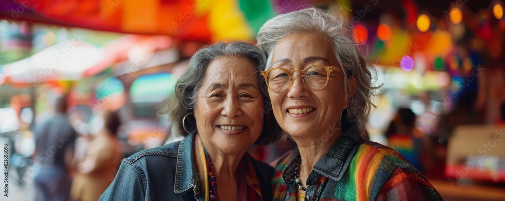 Fototapeta premium Two happy elderly Asian women at a street market.