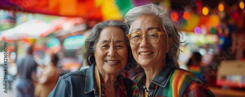 Two happy elderly Asian women at a street market.