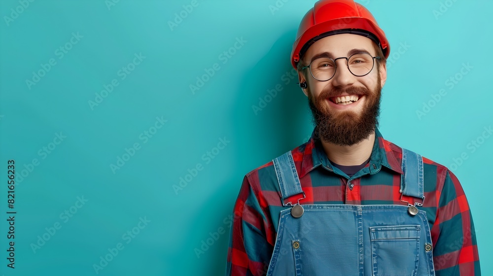 Confident Smiling Plumber in Safety Gear Posing Against Teal Background Confident Smiling Plumber in Safety Gear Posing Against Teal Background