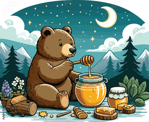 A bear sitting and eating honey from the pot