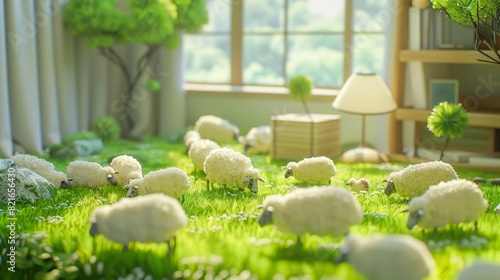 A cozy room with soft plush sheep toys scattered on green grass-themed carpet, surrounded by potted plants and large windows with outdoor view. photo