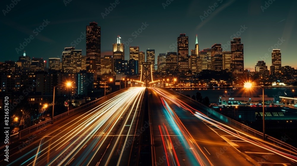 A city bridge glows with twinkling streetlights and car headlights, forming a luminous river of night magic.