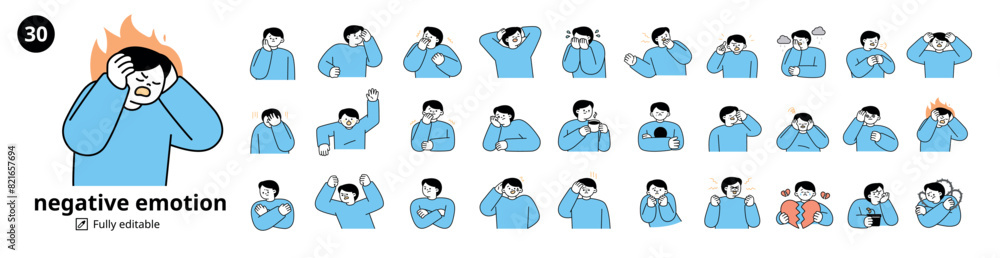 A set of 30 male characters expressing negative emotions. Simple illustration with outlines. A set of 30 male characters expressing negative emotions. Simple illustration with outlines.