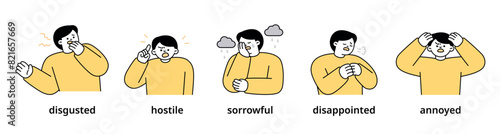 Boy upper body character expressing 5 different emotions - Set 10. Simple outline vector illustration.