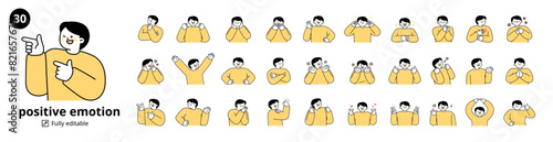 A set of 30 male characters expressing positive emotions. Simple illustration with outlines.