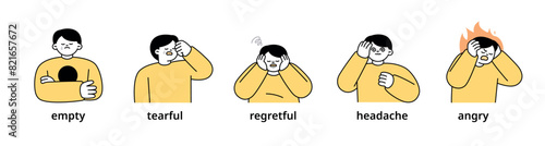 Boy upper body character expressing 5 different emotions - Set 11. Simple outline vector illustration.
