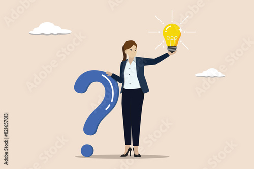 Question and answer, solution to solve problem, FAQ frequently asked question, creative thinking idea concept, smart businesswoman holding question mark sign and lightbulb solution.