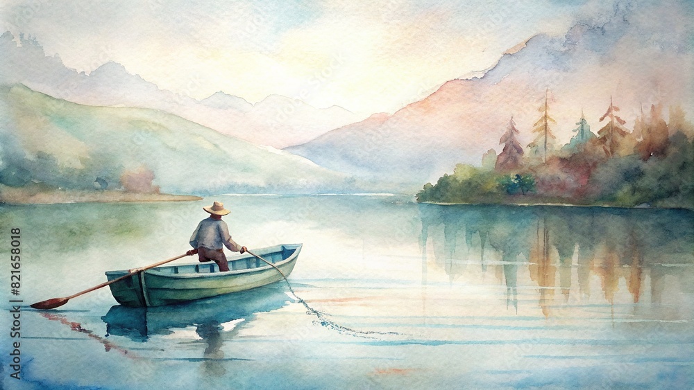 A fisherman in a small boat on a lake, depicted in calm watercolor hues