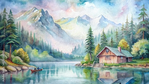 A picturesque watercolor painting of a cozy cabin nestled by a mountain lake, with a charming portrait of the inhabitants enjoying a peaceful day of fishing photo