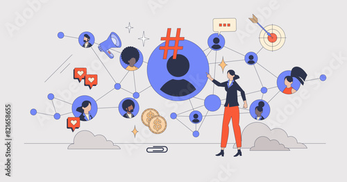 Digital marketing trends for commercials tiny person neubrutalism concept. Online commercials with precise social media ads campaign vector illustration. Customer network advertising analytics.
