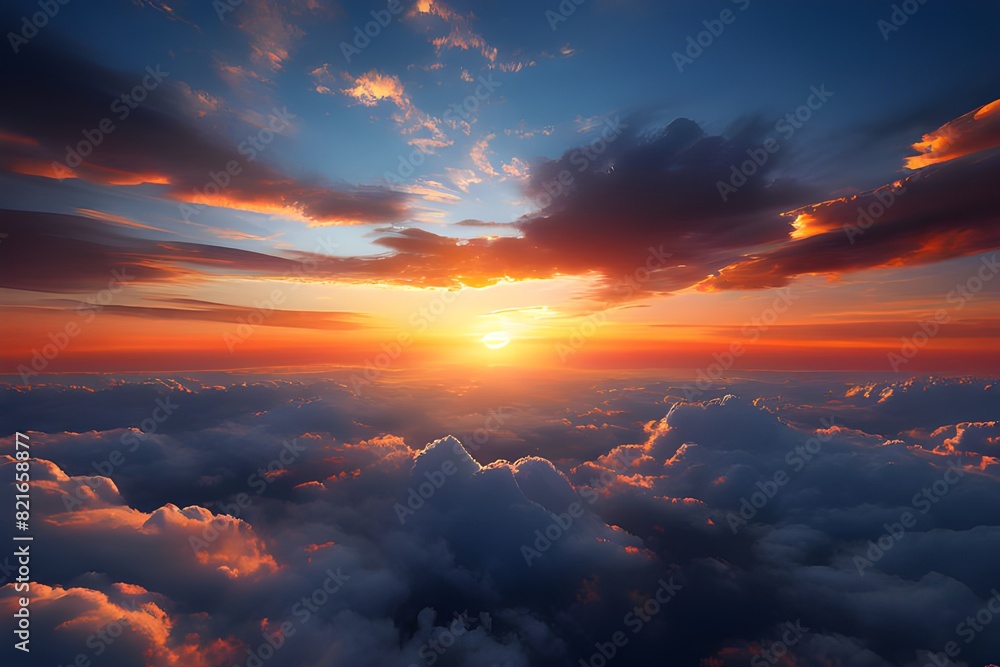Fototapeta premium Beautiful sunset sky above clouds with dramatic light