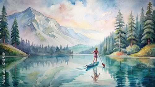 An enchanting watercolor painting showcasing the portrait of a young woman paddleboarding on a tranquil lake surrounded by mountains and forests photo
