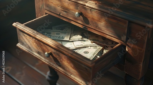 open wooden box, open drawer of a wooden bedside money or bills photo