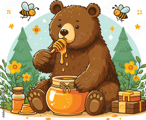 A bear sitting and eating honey from the pot