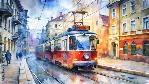 Artistic watercolor of a tram moving through a bustling European city