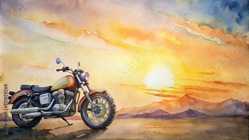 Detailed watercolor of a motorcycle in front of a sunset © Woonsen
