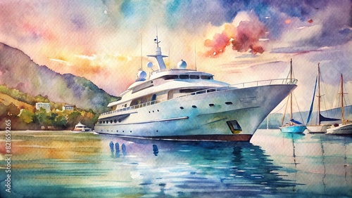 Detailed watercolor of a luxury yacht in the harbor photo