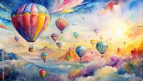 Watercolor of a hot air balloon festival, colorful balloons filling the sky © Woonsen