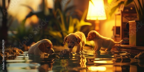 Adorable puppies playing in water inside a cozy, warmly lit room with green plants around them, creating a charming indoor scene. photo