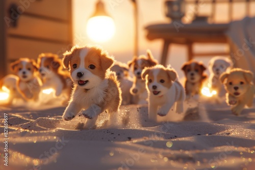 Adorable puppies run on the beach at sunset, creating a heartwarming scene full of joy and energy under the golden light.
