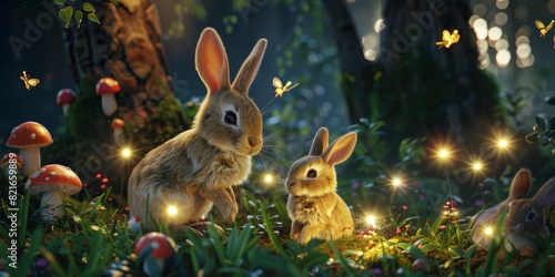 Adorable rabbits in a magical forest setting, surrounded by glowing fireflies and mushrooms, creating an enchanting nighttime scene.