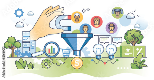Conversion rate optimization or CRO for website sales boost outline concept. Increase earnings with customer or visitor engagement and flow analytics vector illustration. Marketing leads analytics.