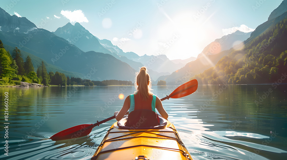 back view of woman kayaking in crystal lake near alps mountains,amazing lens flare ai generated art Generative AI AI back view of woman kayaking in crystal lake near alps mountains,amazing lens flare ai generated art Generative AI AI