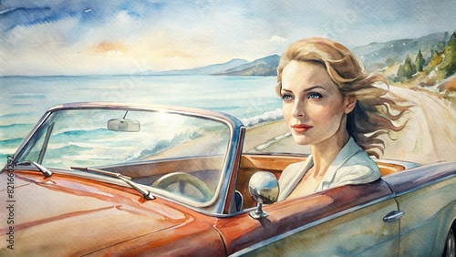 A detailed watercolor portrait of a woman driving a vintage convertible car along a coastal road