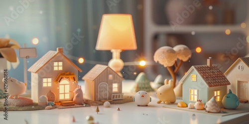 Cozy miniature village scene with illuminated houses and soft glowing lights, creating a warm and inviting atmosphere during the evening.
