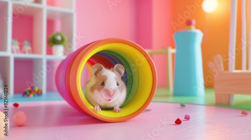 Cute hamster inside a colorful tunnel in a playful, vibrant room. Perfect pet-themed stock photo for kids' content and playful designs.