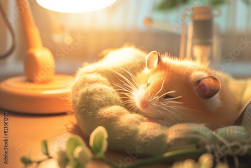 Cute hamster sleeping on a cozy knitted blanket under warm light, creating a serene and peaceful atmosphere. photo