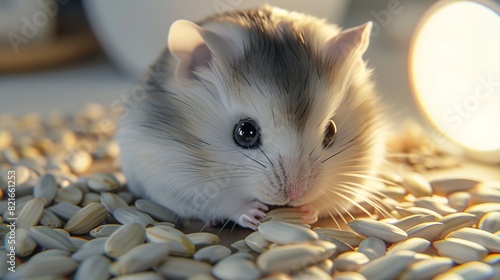 Cute hamster munching on seeds under soft lighting, creating a cozy and heartwarming scene. Perfect for animal lovers and pet-themed content.