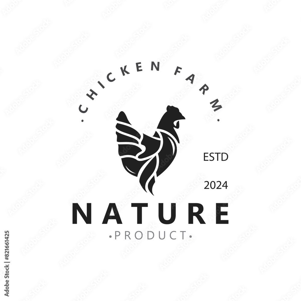 Fototapeta premium Chicken Farm logo design, animal icon for groceries, butcher shop, farmer market lifestock template