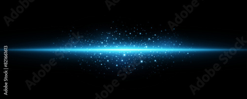 Bright explosion on the horizon into space with flying glowing particles isolated on black background. Blue big beam with sparks. Light effect. Vector illustration. EPS 10.