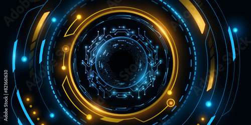 Digital glowing HUD circles with light effects. Futuristic dashboard. Cyber circuit board on a black background. GUI and UI design. Vector illustration. EPS 10.
