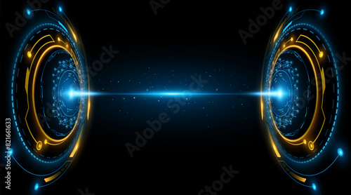 Digital glowing HUD circles with beam of energy into cyberspace. Futuristic sci-fi elements with cyber circuit board. Modern technology design. Vector illustration. EPS 10.