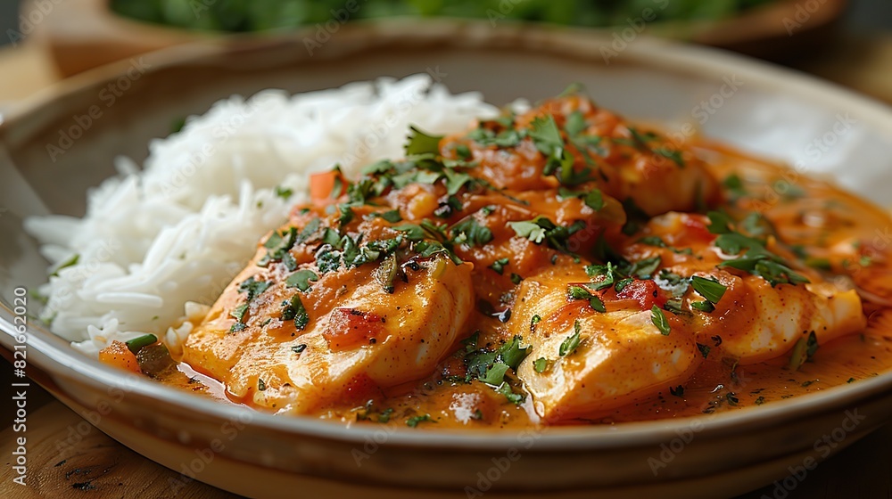 A serving of fish curry with coconut milk and rice. A serving of fish curry with coconut milk and rice.