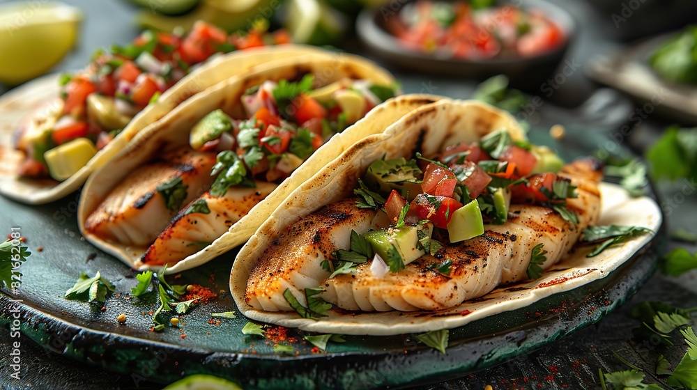 A serving of fish tacos with avocado and salsa. A serving of fish tacos with avocado and salsa.