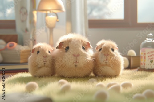 Three cute guinea pigs sitting together on a fuzzy blanket in a cozy, well-lit room with a warm ambiance and soft-focus background.